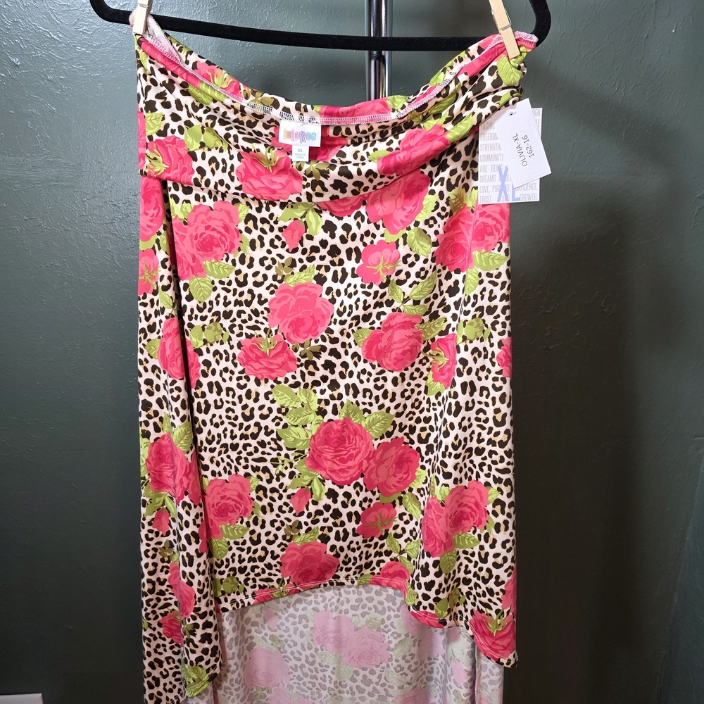 LuLaRoe Olivia Pink Rose & Leopard High-Low Skirt